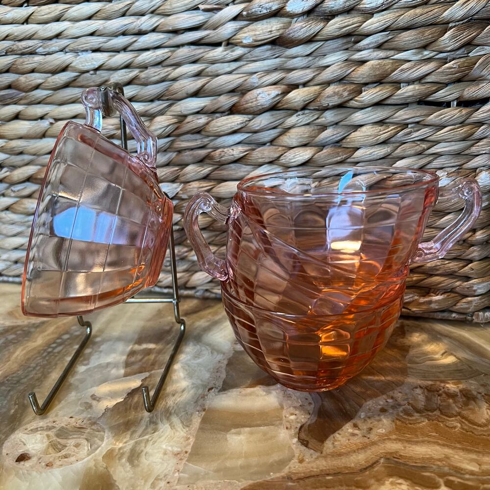Hocking Block Optic pink Depression Glass tea cups: Set of 4